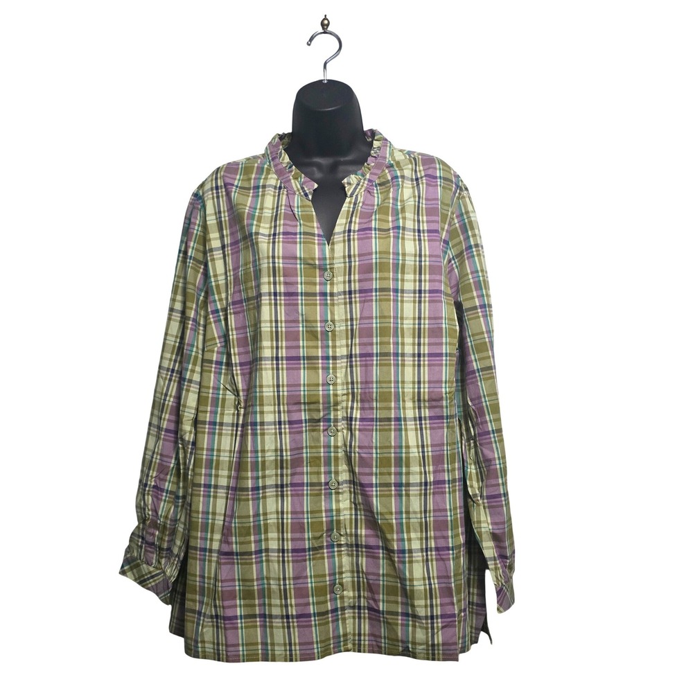 Joan Rivers Womens 2X Plaid Ruffle Collar Button Down Tunic Top Purple Olive